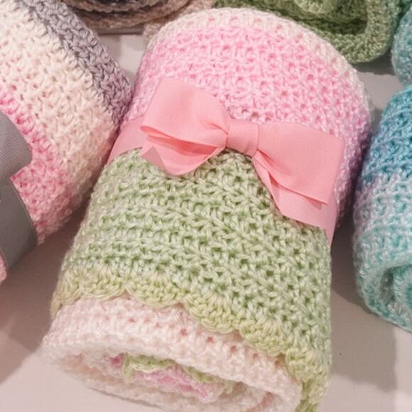 Pink Dawn PINK/SAGE/CREAM Crochet Baby Afghan Blanket, Soft Silky Yarn - Picture 11 of 12